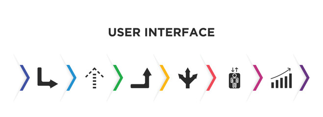 user interface filled icons with infographic template. glyph icons such as down right arrow, up broken line arrow, right up arrow, three arrows, lift, evolution vector.