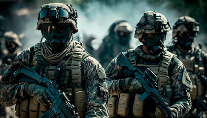 Naklejka premium Military Tactical Special Squad Special Forces Unit, Equipped Armed Soldiers, Full Gear, Wartime, Battlefield Epic Scene