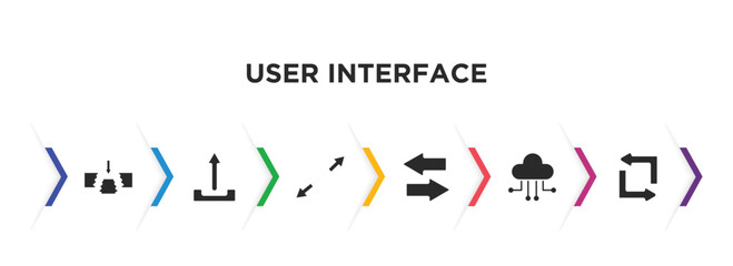 user interface filled icons with infographic template. glyph icons such as gap, upload button, scale arrows, opposite directions, cloud with connection, replay arrows vector.