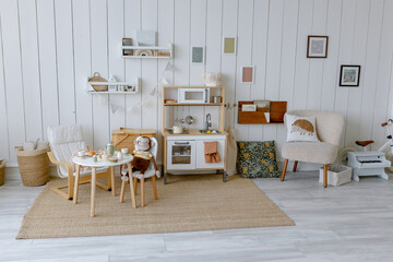 Interior in the children's room. Lots of wooden ecological toys