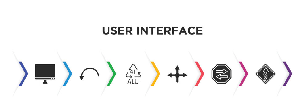 User Interface Filled Icons With Infographic Template. Glyph Icons Such As Display, Curve Arrows, 41 Alu, Crossroad, Two Left Arrows, Curvy Road Ahead Vector.