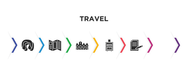travel filled icons with infographic template. glyph icons such as sleeping, brochure, vaticano, suitcases, backpacker, claim vector.