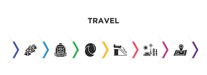 travel filled icons with infographic template. glyph icons such as egyptian pyramids, student backpack, basic moon, waterpark, , unfolded map vector.