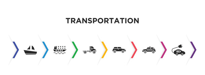 transportation filled icons with infographic template. glyph icons such as sailboat, cargo ship, truck, car, taxi, electro car vector.