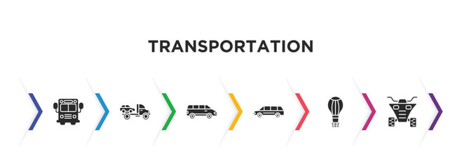 transportation filled icons with infographic template. glyph icons such as school bus, wrecker, van, limousine, hot air balloon, quad vector.