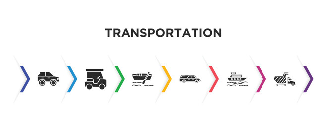 transportation filled icons with infographic template. glyph icons such as all terrain vehicle, golf cart, dugout canoe, hearse, ferry boat, haul vector.