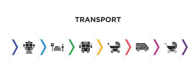 transport filled icons with infographic template. glyph icons such as train front view, parking men, public transport, pram, school van, baby trolley vector.