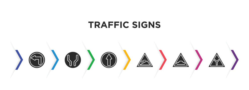 Traffic Signs Filled Icons With Infographic Template. Glyph Icons Such As Turn Left, Wide Road, Straight, Steep Descent, Hump Or Rough, Y Intersection Vector.