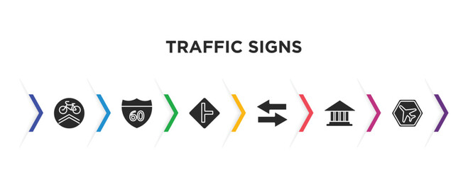 traffic signs filled icons with infographic template. glyph icons such as cycle lane, highway, side road, two ways, museum, airport vector.