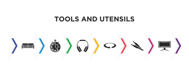 tools and utensils filled icons with infographic template. glyph icons such as house things, minute, headphone variant, rotate right, forceps, screen in black vector.