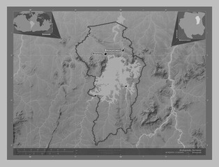 Brokopondo, Suriname. Grayscale. Labelled points of cities