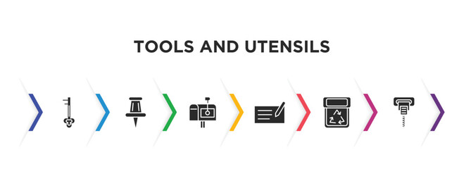 tools and utensils filled icons with infographic template. glyph icons such as tiny key, school push pin, postage, writing tool, recycling bin, auger vector.