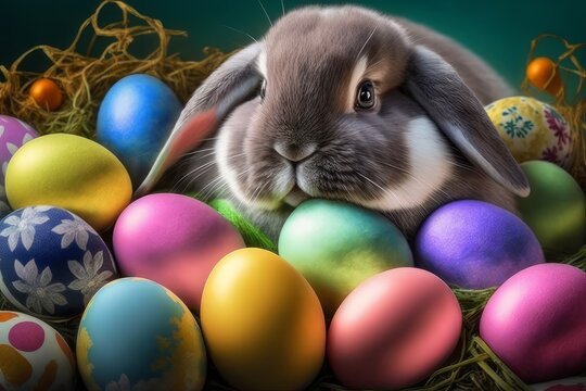 Little cute bunny-rabbit, with colourful eggs. Easter, holidays theme. AI image