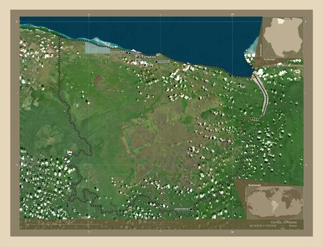 Coronie, Suriname. High-res satellite. Labelled points of cities