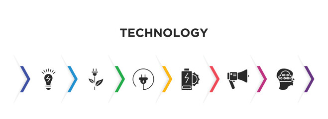technology filled icons with infographic template. glyph icons such as electric light bulb, ecologic electricity, electrical plug, solar battery, modern horn, binary mind vector.
