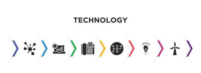 technology filled icons with infographic template. glyph icons such as conection, analysis process, fax phone, transmission, light bulb idea, eolic vector.