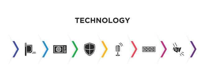 technology filled icons with infographic template. glyph icons such as straight air, world news, shields, vintage mic, tee power, spotlights vector.