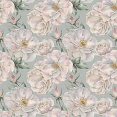 Seamless floral pattern with white roses hand-drawn painted in a watercolor style. The seamless pattern can be used on a variety of surfaces, wallpaper, textiles or packaging.