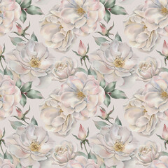 Seamless floral pattern with white roses hand-drawn painted in a watercolor style. The seamless pattern can be used on a variety of surfaces, wallpaper, textiles or packaging.