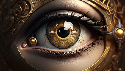 Steampunk woman's eye close up. Generative AI
