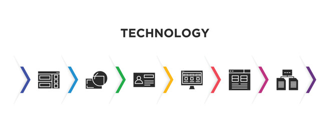 technology filled icons with infographic template. glyph icons such as semantic elements, retina display, user persona, front end, user interface, data architecture vector.