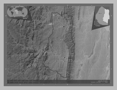 Lubombo, Eswatini. Grayscale. Labelled points of cities