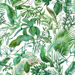 Tropical seamless pattern with exotic leaves.  Floral wallpaper painted in watercolor in green colors