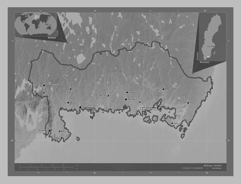 Blekinge, Sweden. Grayscale. Labelled points of cities