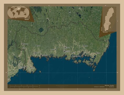 Blekinge, Sweden. Low-res satellite. Labelled points of cities