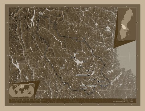 Dalarna, Sweden. Sepia. Labelled points of cities