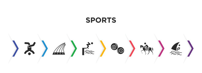 sports filled icons with infographic template. glyph icons such as breakdancing dancer, running track, swimming jump, ball pool, horseback, windsurf sea vector.
