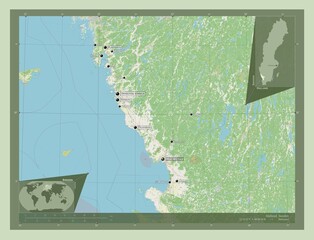 Halland, Sweden. OSM. Labelled points of cities