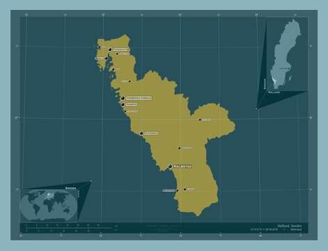 Halland, Sweden. Solid. Labelled points of cities