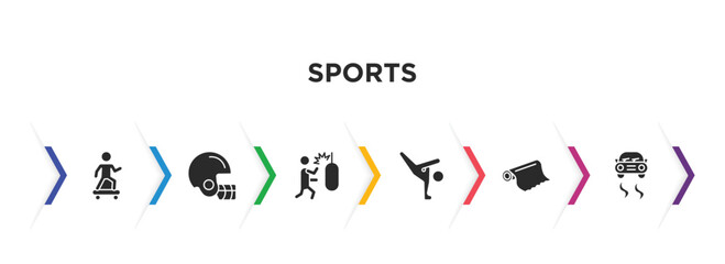 sports filled icons with infographic template. glyph icons such as skating, baseball helmet, man punching, capoeira, foil, drift car vector.