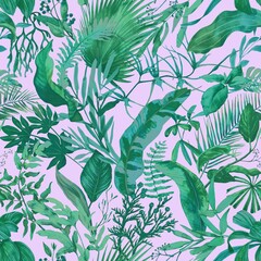 Tropical seamless pattern with exotic leaves.  Floral wallpaper painted in watercolor in green colors