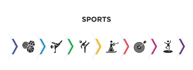sports filled icons with infographic template. glyph icons such as balls, breakdance, taekwondo, biathlon, bullseye, dancer motion vector.