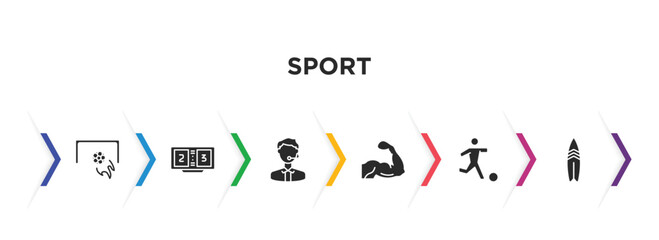 sport filled icons with infographic template. glyph icons such as football, scoreboard, commentator, muscle, soccer, surf vector.