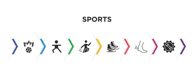 sports filled icons with infographic template. glyph icons such as soccer football ball, excersice, jumping ski, ice skates, ankle, equipment vector.