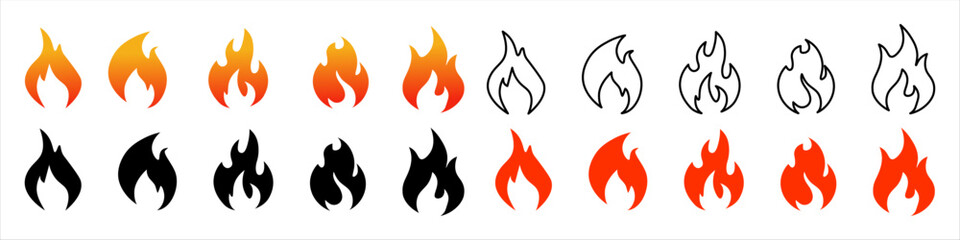 Fire icon set. Fire flame symbol.