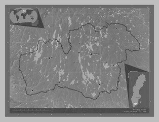 Kronoberg, Sweden. Grayscale. Labelled points of cities