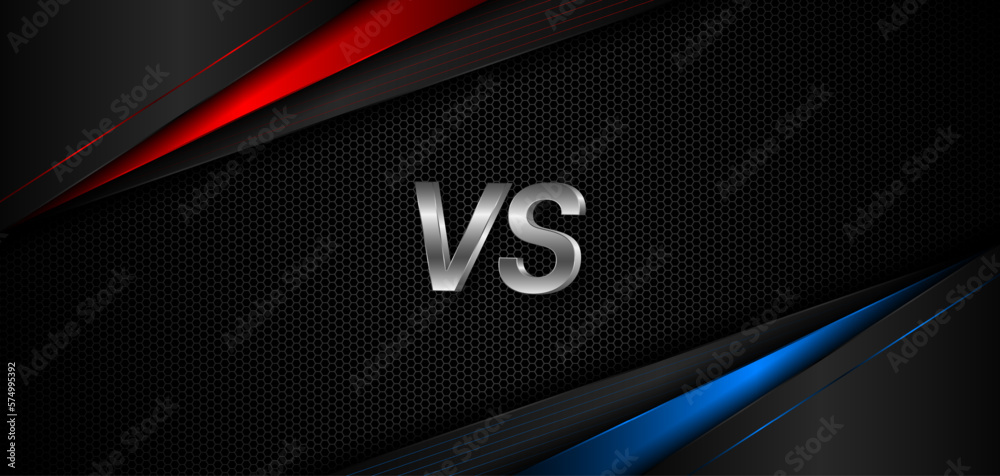 Poster versus between red and blue on black steel mesh background. background concept for gaming and other 