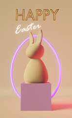 Happy Easter greeting card matte pastel bunny on podium purple neon egg 3d rendering. Contemporary creative minimalist style. Modern party invitation design Social media neutral beige content template