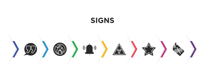signs filled icons with infographic template. glyph icons such as quotes, no fire allowed, alarm, radiation, favourite star, percentage discount vector.