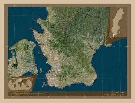 Skane, Sweden. Low-res satellite. Labelled points of cities