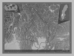 Varmland, Sweden. Grayscale. Labelled points of cities