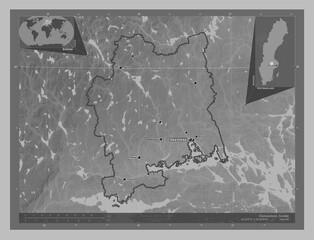 Vastmanland, Sweden. Grayscale. Labelled points of cities