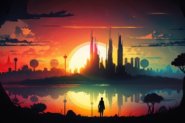 colorful city capital landscape view , sillhoute style landscape design illustration. Creative art background. Generative AI