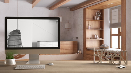 Architect designer project concept, wooden table with keys, letters bathroom design and desktop showing blueprint CAD sketch, blurred draft in the background, modern interior design