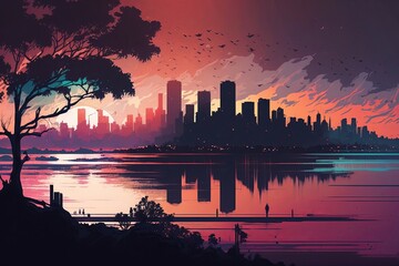 colorful city capital landscape view , sillhoute style landscape design illustration. Creative art background. Generative AI