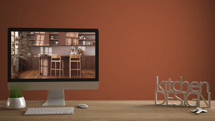 Architect designer project concept, wooden table with house keys, 3D letters making the words kitchen design, computer showing interior draft, orange background copy space